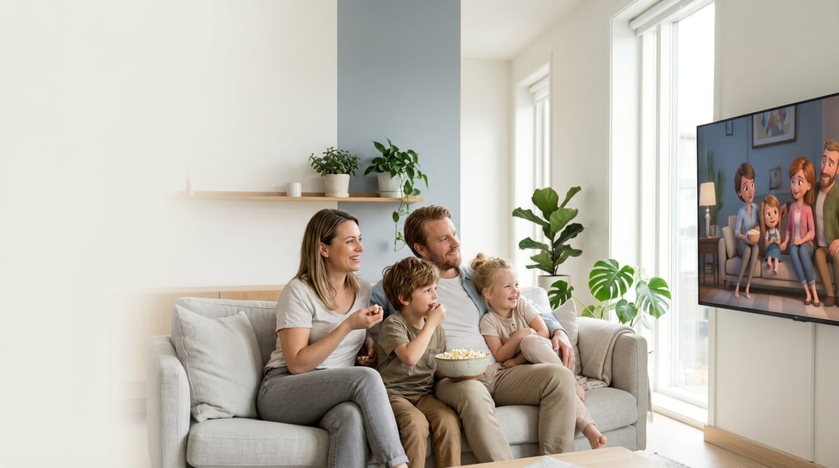 Familj som njuter av film och TV-underhållning tillsammans i soffan